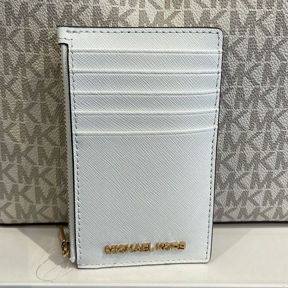 MICHAEL KORS Jet Set Travel Md Top Zip Leather Card Case Wallet  Optic White